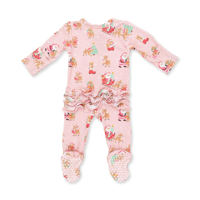 Vintage Reindeer & Santa Pink - 2 Way Ruffle Back Zipper Footie