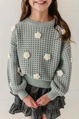 Girls Open Weave Long Sleeve Sweater in Soft Juniper