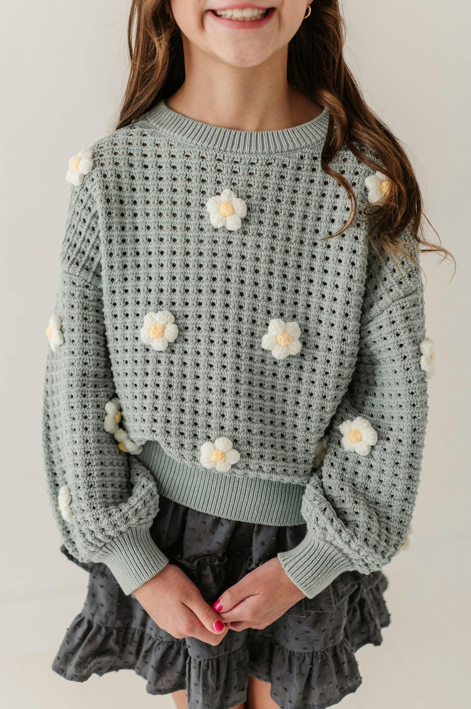 Girls Open Weave Long Sleeve Sweater in Soft Juniper