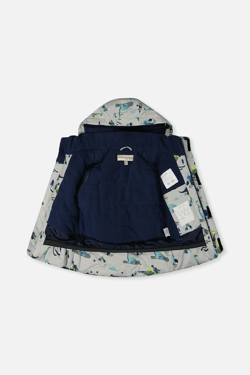 Two Piece Discover Snowsuit Grey Skiing Dinosaur Print