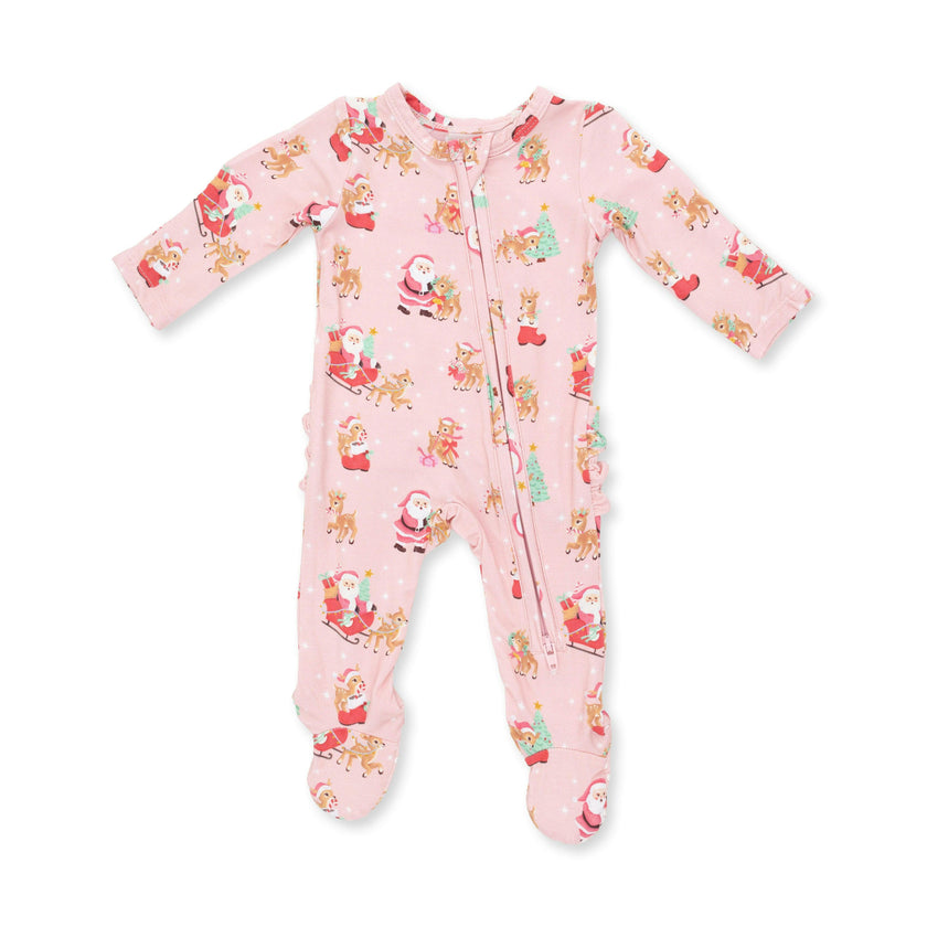 Vintage Reindeer & Santa Pink - 2 Way Ruffle Back Zipper Footie