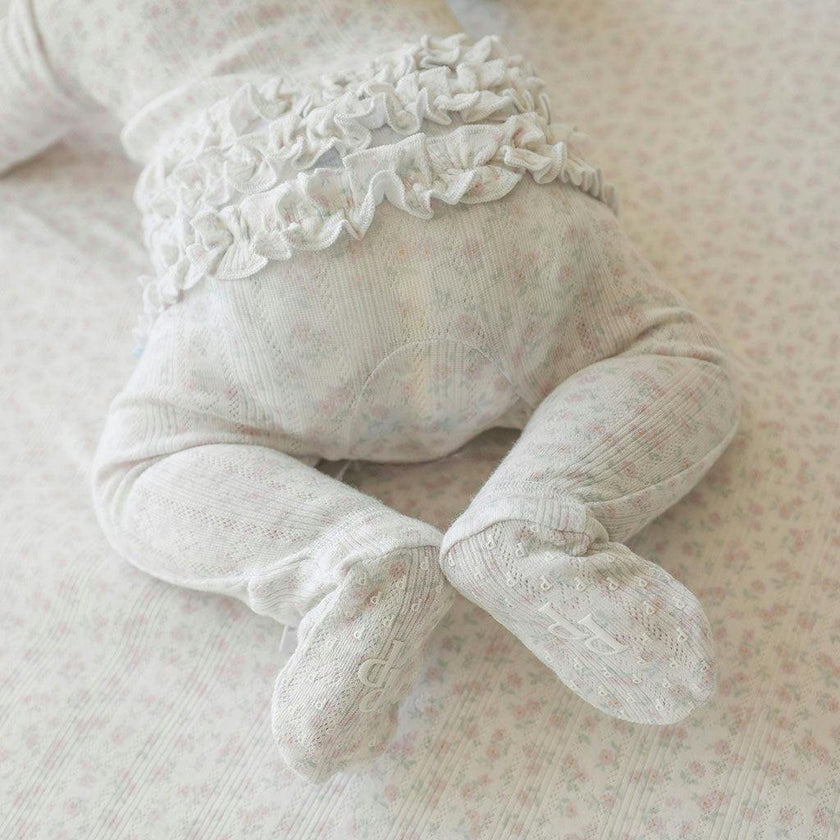 Andina Cream Pointelle Footie Ruffled Zippered One Piece