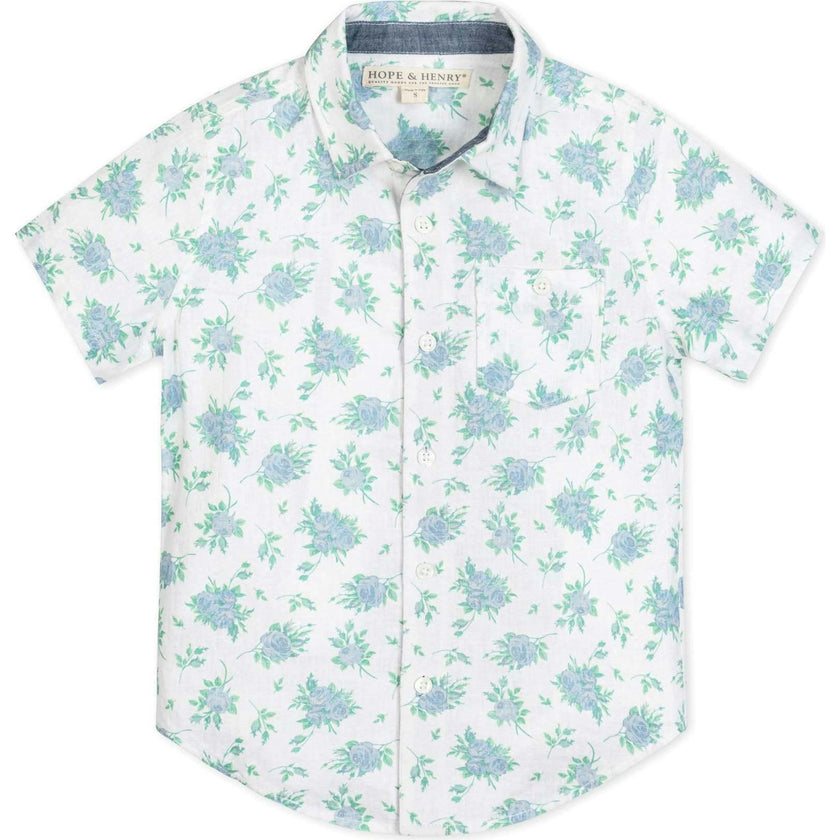 Linen Short Sleeve Button Down Shirt, Blue