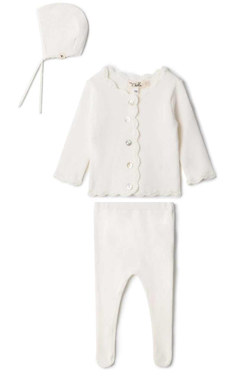 Crochet Trim Top, Pants, and Bonnet Three Piece Set