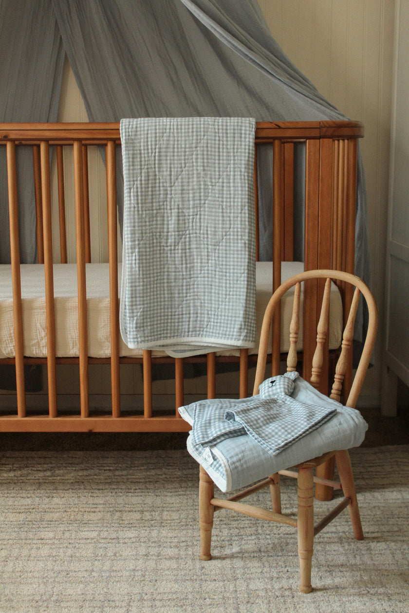 Dusty Blue Solids + Gingham QUILTED 6 Layer Gauze Blanket