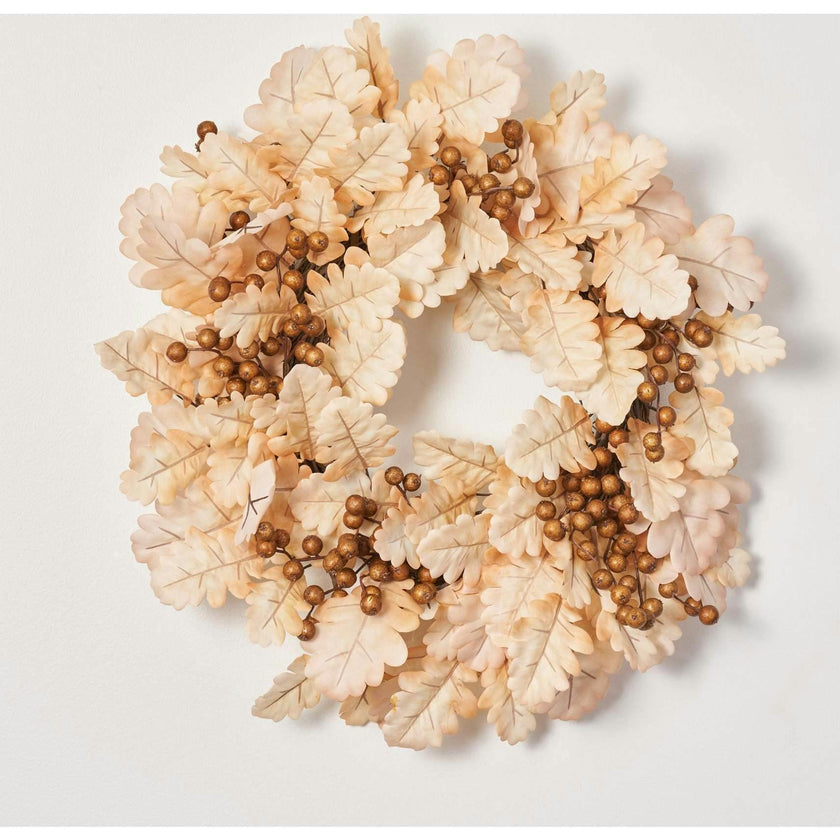 Bleached Cream Oak Leaf & Toffee Brown Berry Fall Wreath