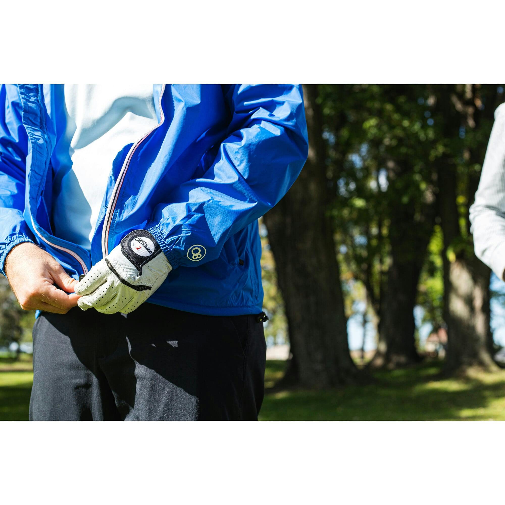 Navy full zip packable rain jacket and windbreaker