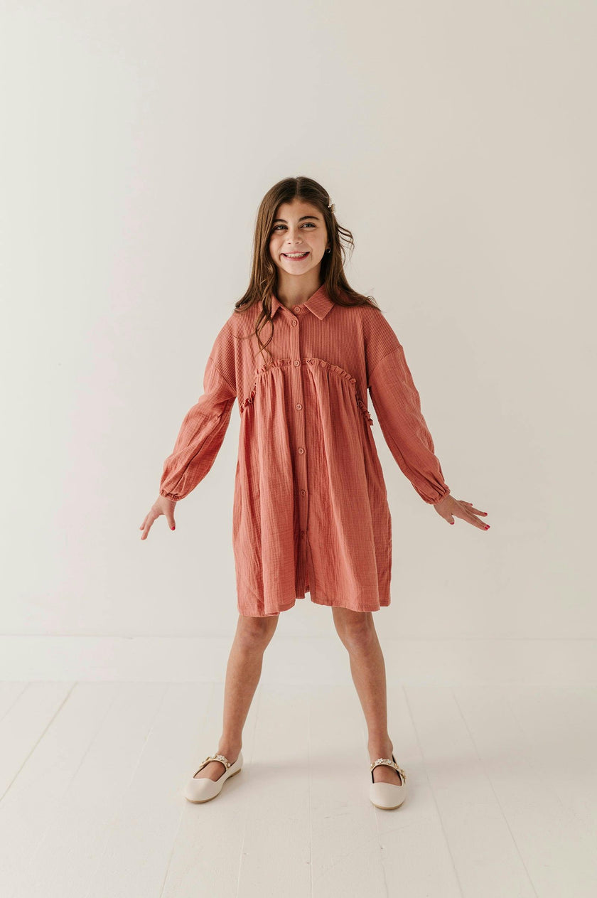 Girls Button Front Gauze Dress in Brick Dust