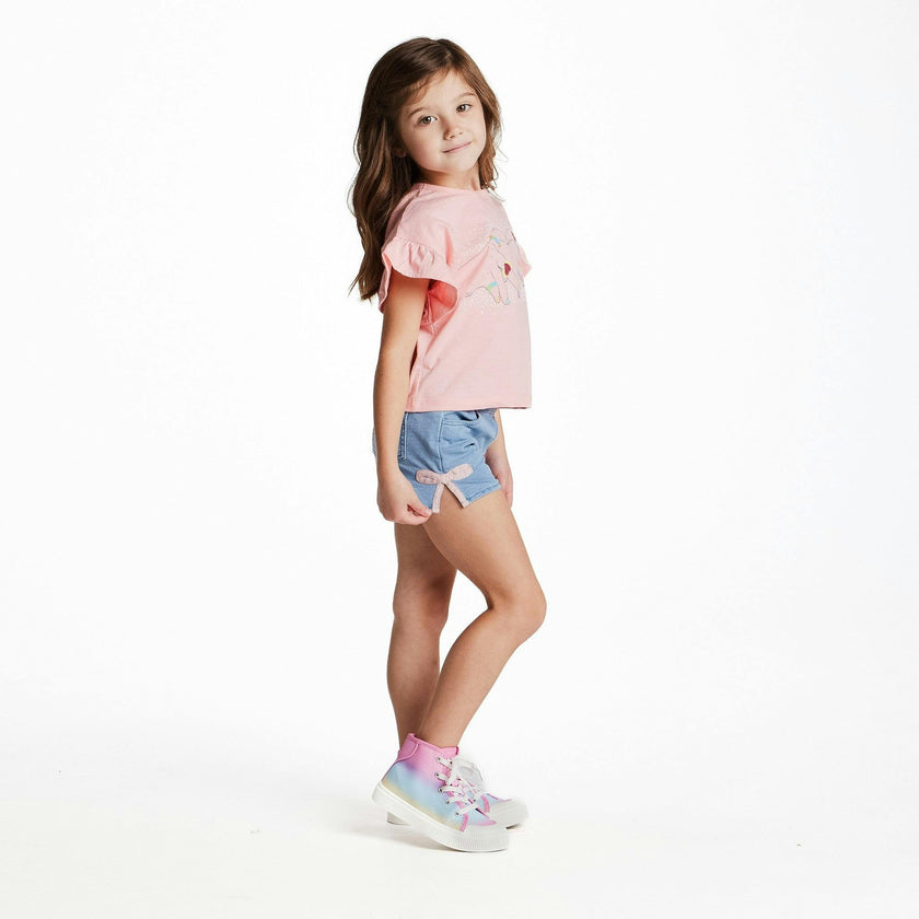 Girls Bow Hem Knit Denim Short | Blue Bow
