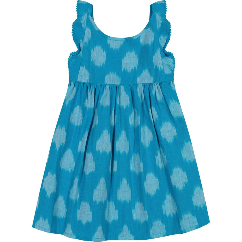 Daphne Girl's Flutter Sleeve Dress Cerulean Blue Ikat, Blue