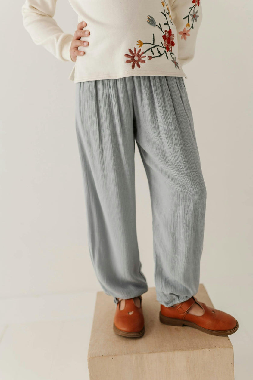Girls Harem V-Waist Tie Pants in Grayish Blue
