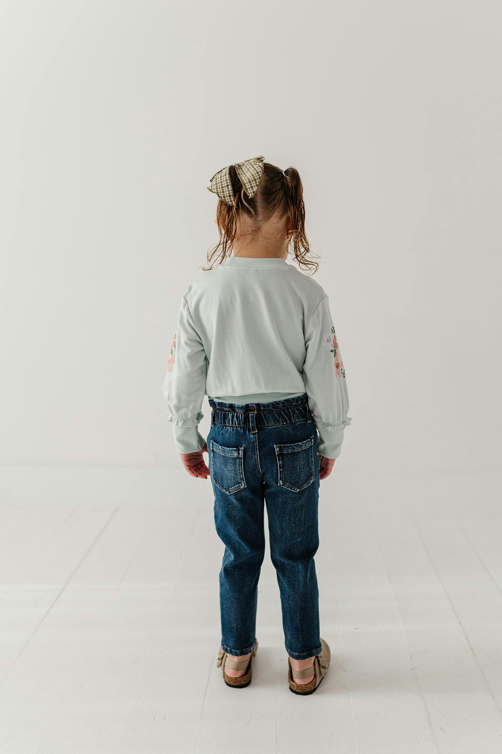 Girls Paperbag Denim Pants in Dark Blue Wash