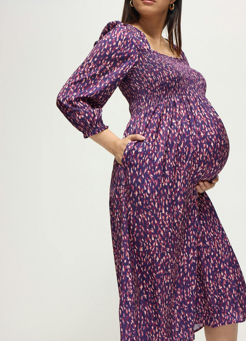 Smocked Sateen Maternity and Nursing Midi Dress