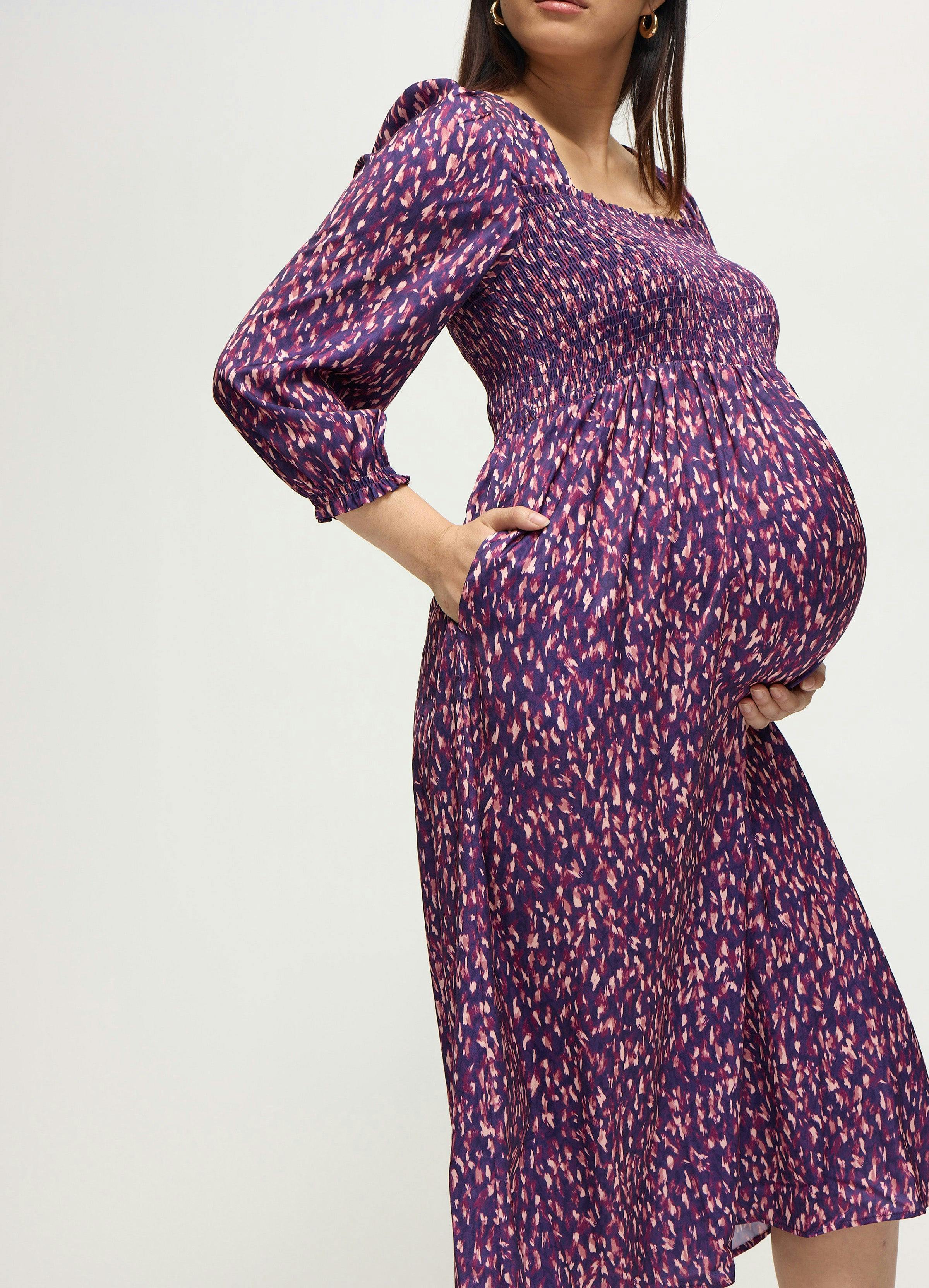 Smocked Sateen Maternity and Nursing Midi Dress