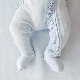 Soft Cloud Blue Pointelle Footie Ruffled Zippered One Piece