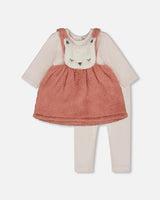 Bi-Material Dress and Leggings Set Old Pink
