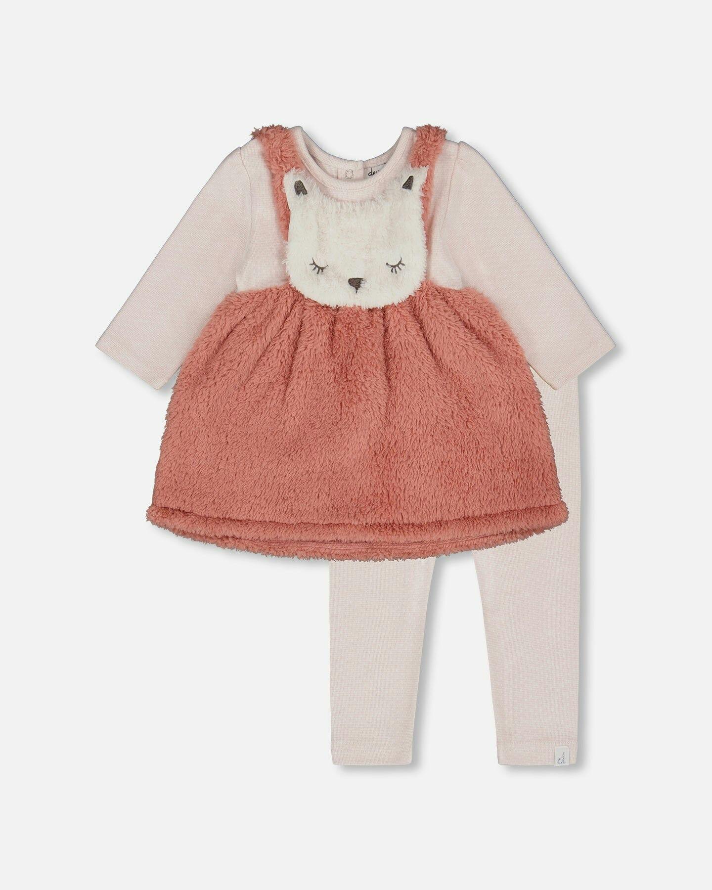 Bi-Material Dress and Leggings Set Old Pink