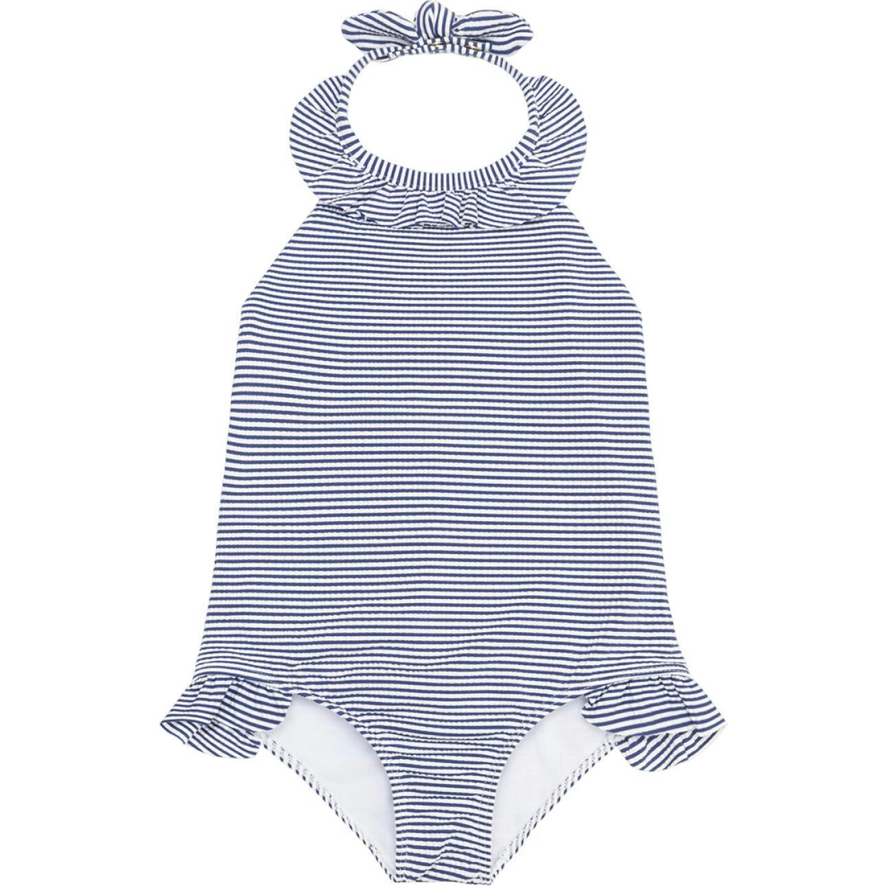 Girls Harbor Stripe Ruffle Halter One Piece