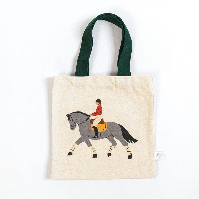 Equestrian Mini Tote Bag – Classic Gray Horse & Rider | Kids Canvas Mini Tote