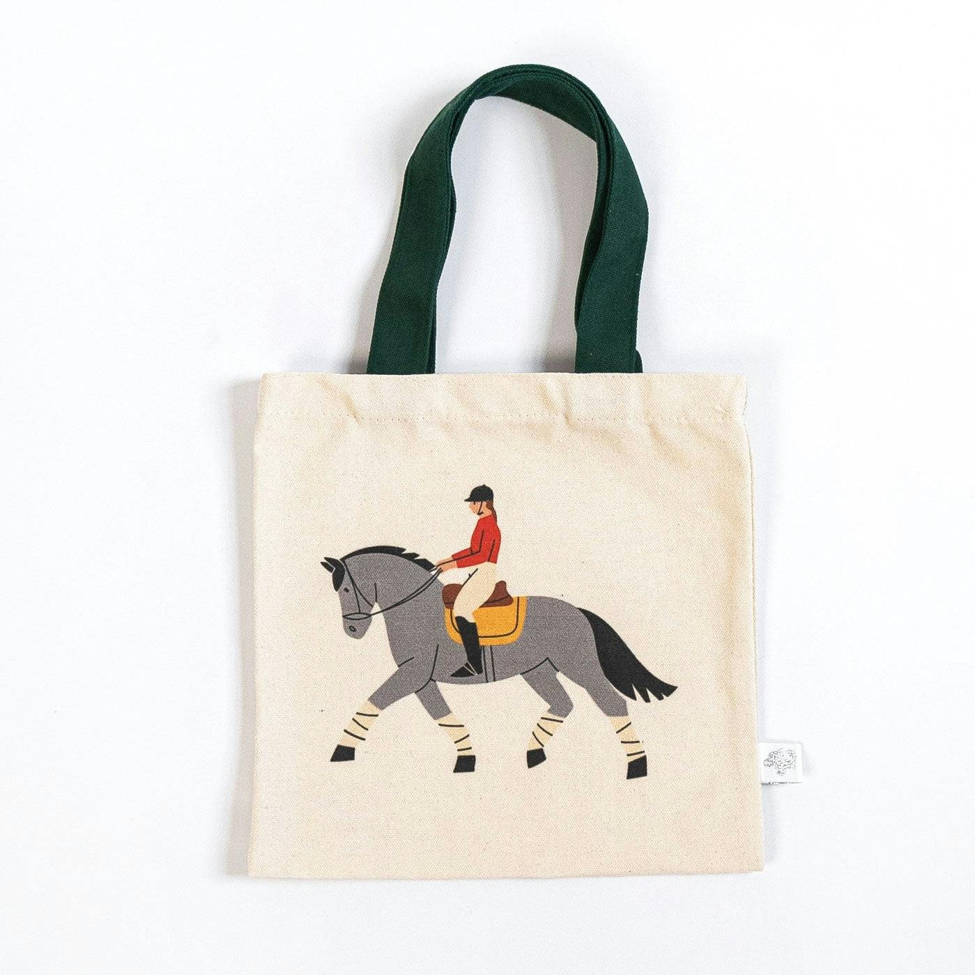 Equestrian Mini Tote Bag – Classic Gray Horse & Rider | Kids Canvas Mini Tote