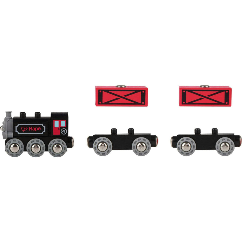 Hape: Steam-Era Freight Train&nbsp;- Red & Black - 3pc Wooden Locomotive Toy