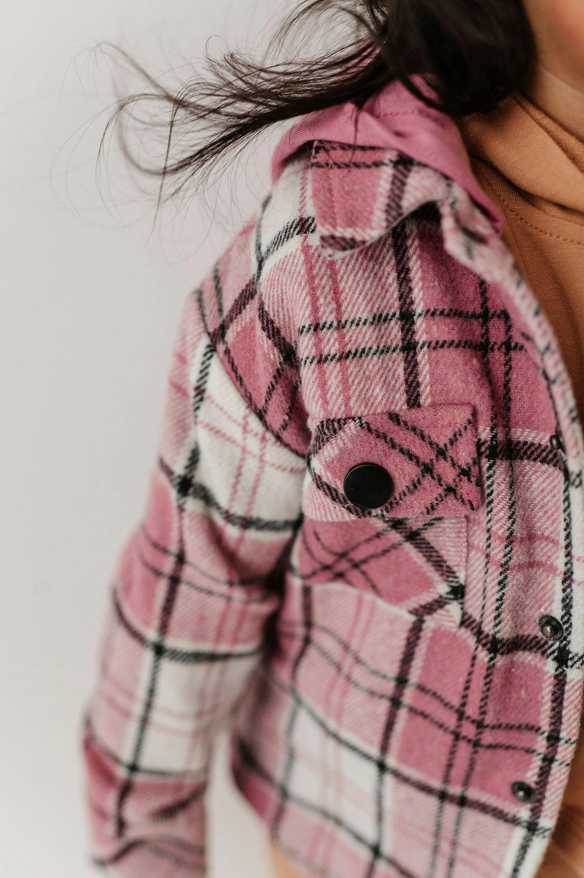 Kids Hooded Shacket in Magenta Plaid