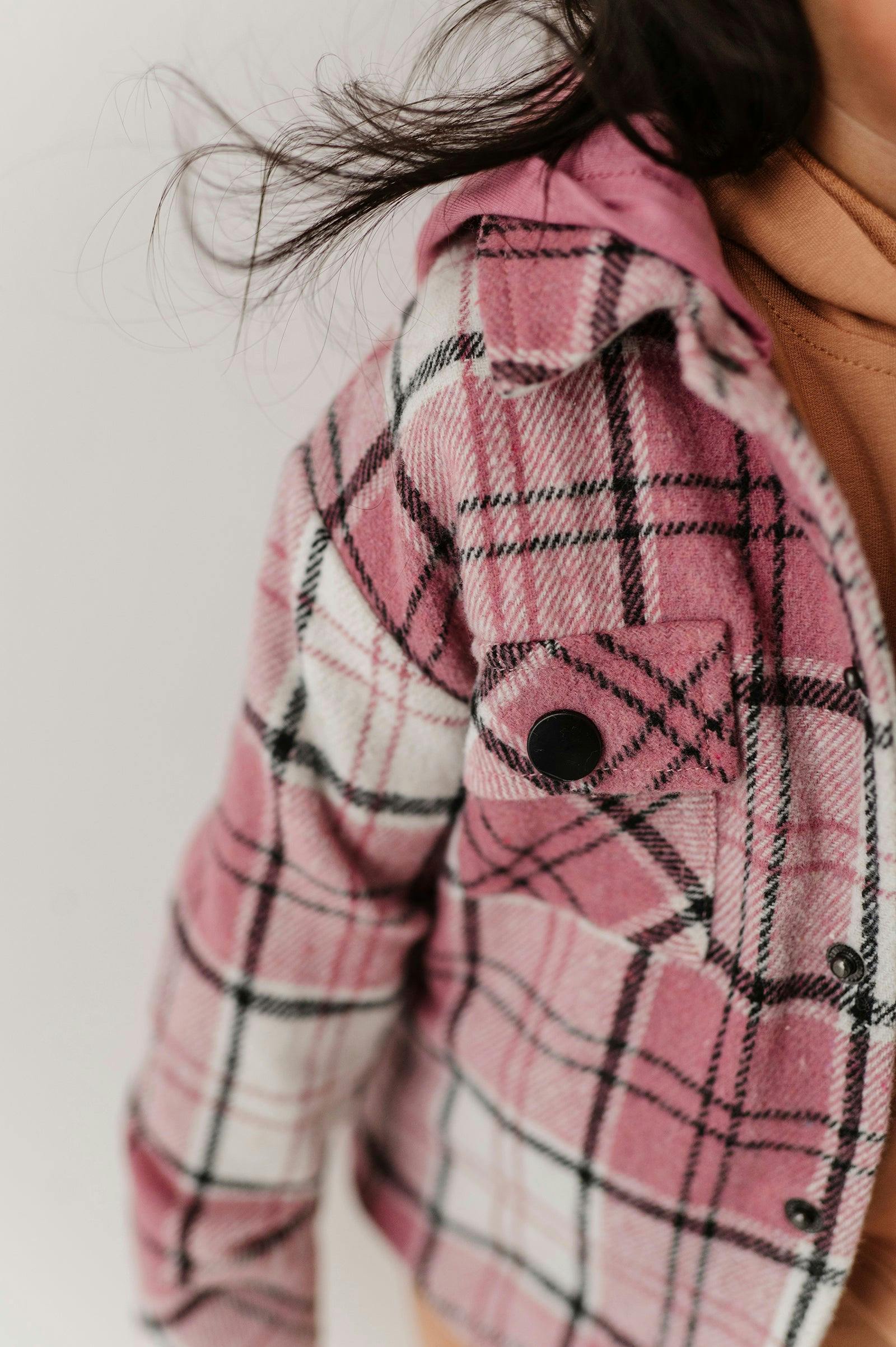 Kids Hooded Shacket in Magenta Plaid