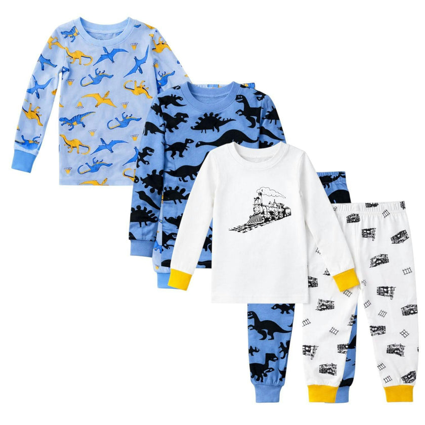 Kids and Toddlers 3 Pack Blue Dinosaurs/Dark Dinosaurs/Trains Long Sleeve Snug Fitted Pajamas