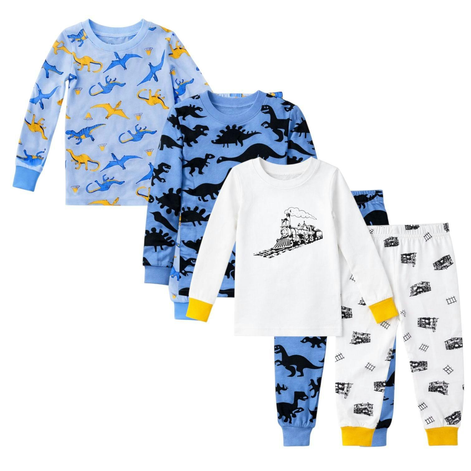Kids and Toddlers 3 Pack Blue Dinosaurs/Dark Dinosaurs/Trains Long Sleeve Snug Fitted Pajamas