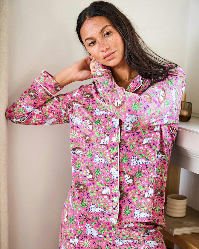 Must Love Cats - Organic Pima Modal Knit Long PJ Set - Pink Camellia