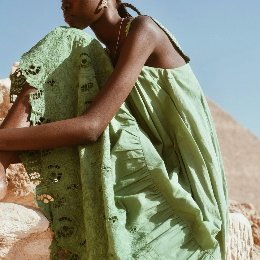 Monaco Dress in Mint Embroidered Deco (Starts Shipping April 10th)