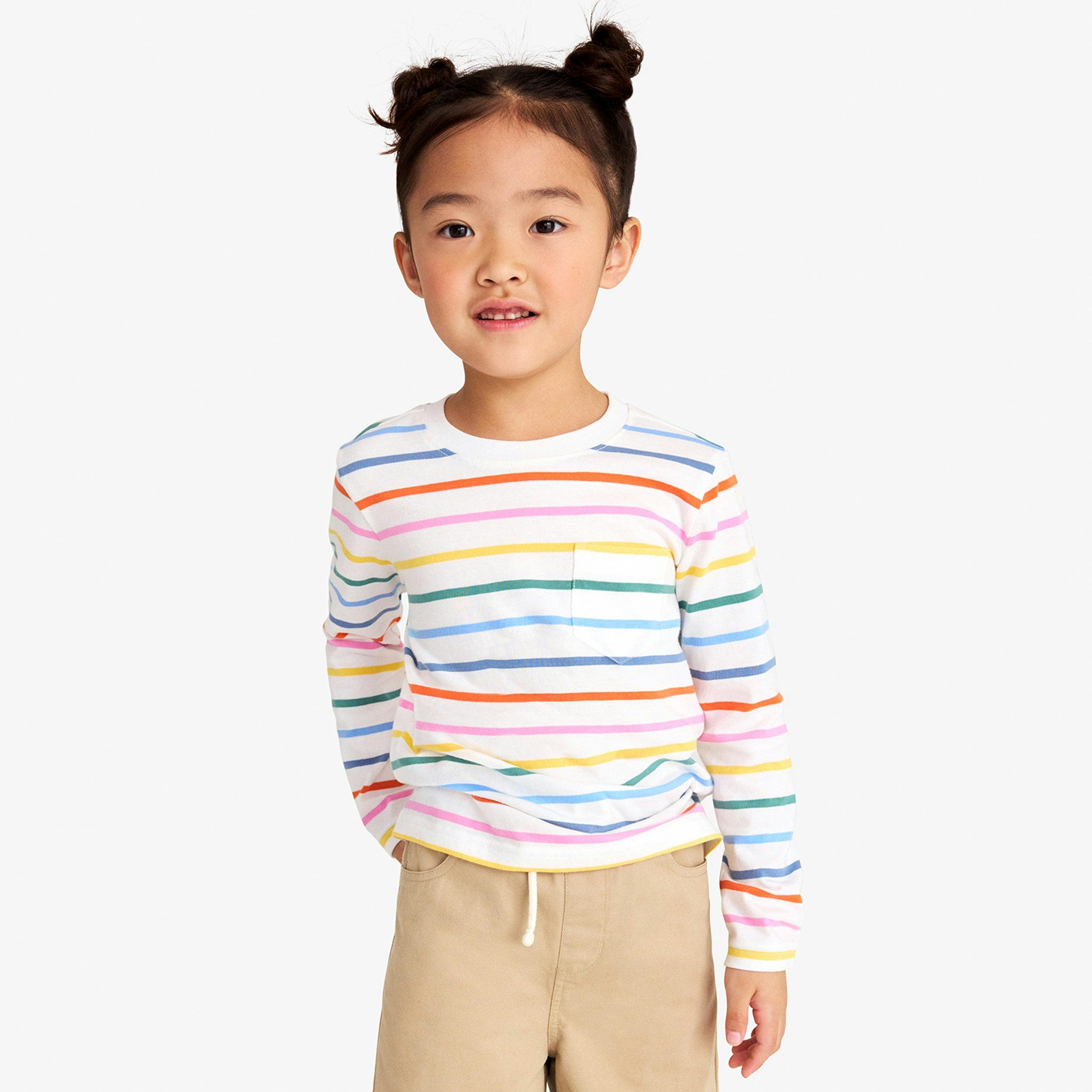 Kids long sleeve pocket tee in rainbow stripe