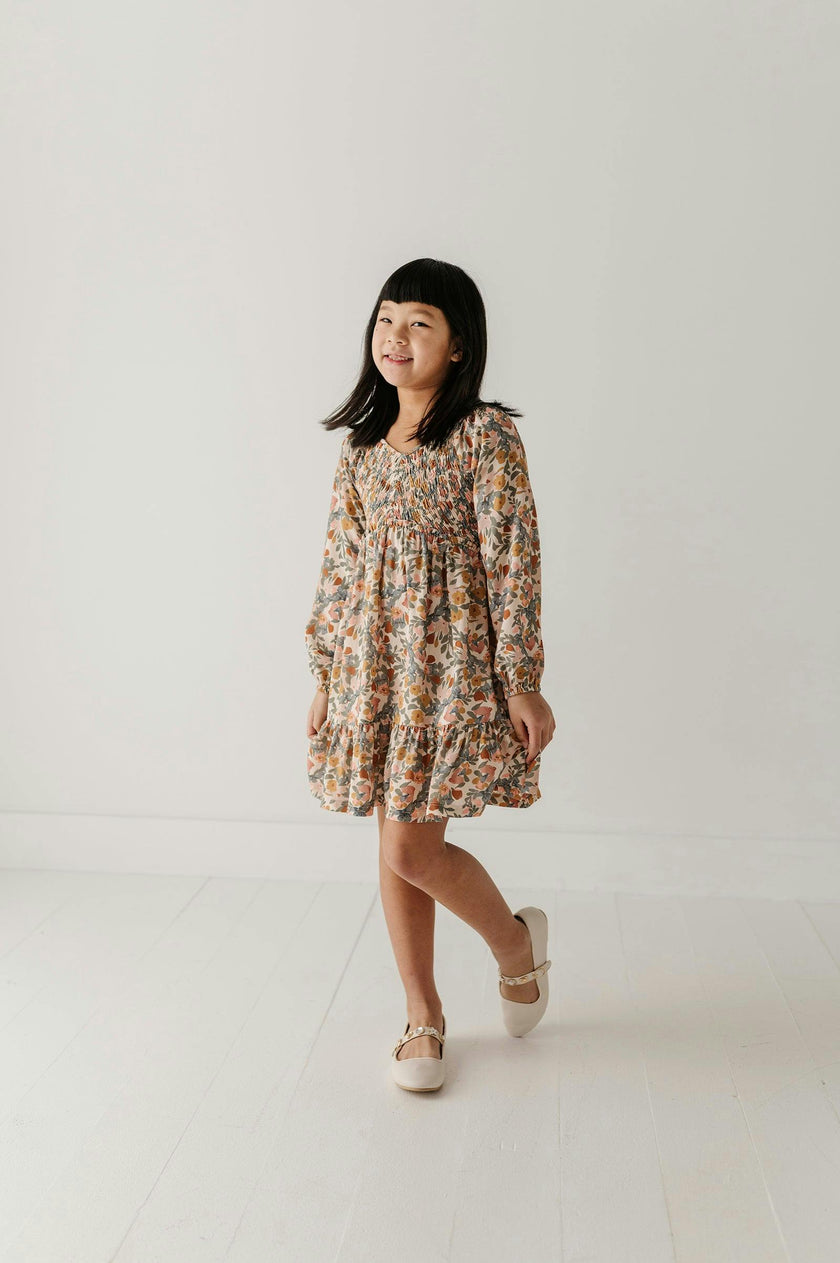 Girls Mitered Smocked Front Babydoll Dress in Mason Small Floral