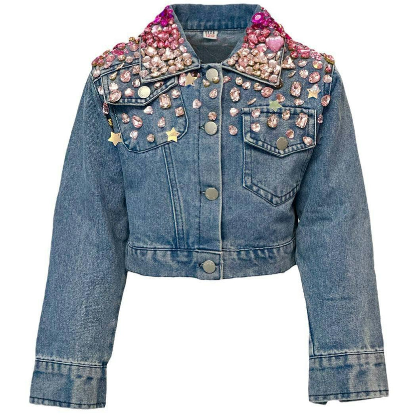 Sparkle Queen Rhinestone Gem Denim Crop Jacket