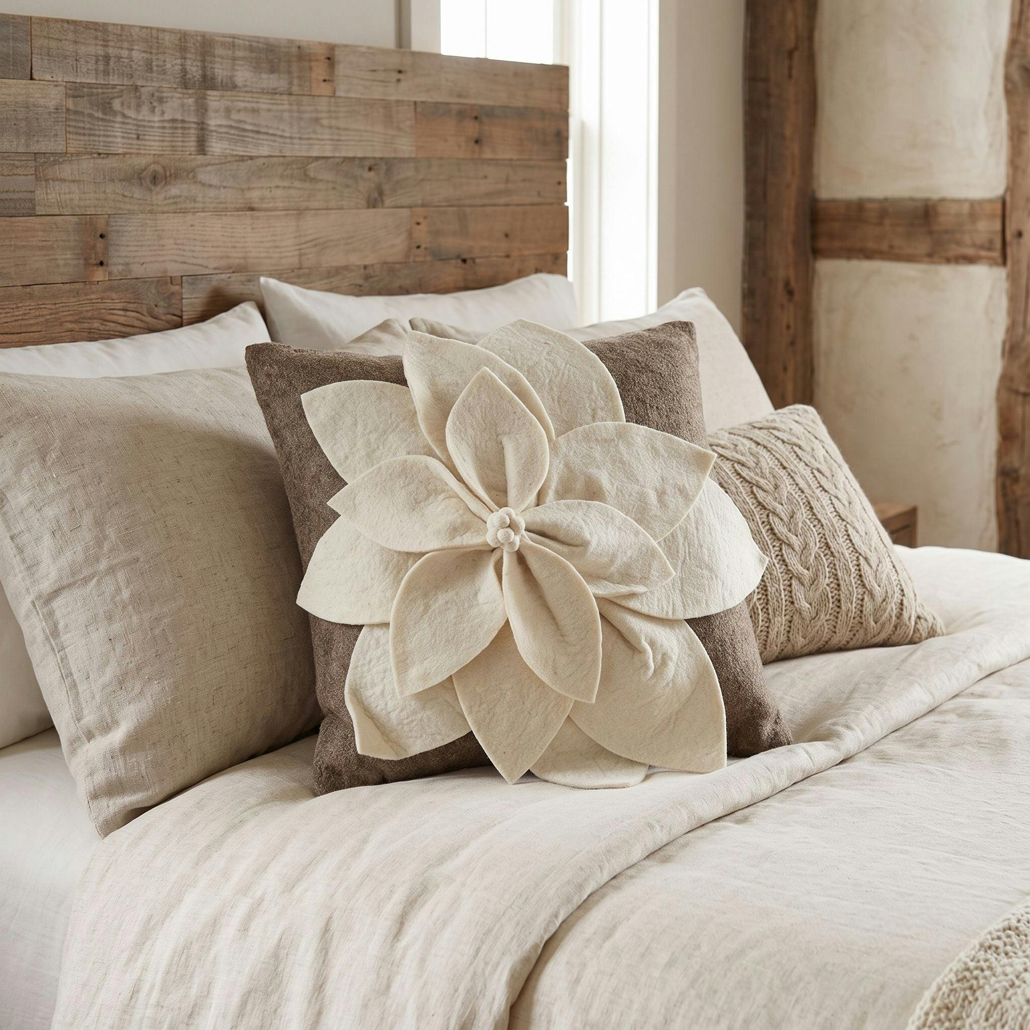 Hand Felted Wool Pillow - 3D Flower Cream Gray - 20