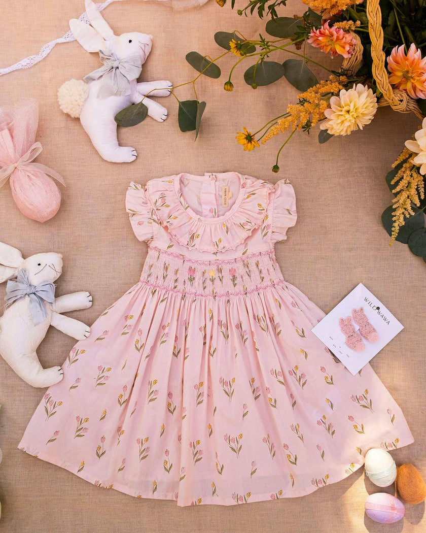 Smock Flutter Dress in Dancing Tulips
