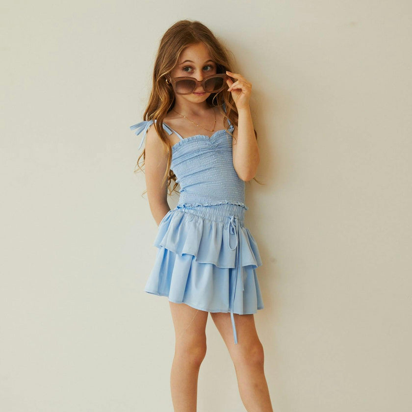 Georgia Pastel Blue Satin Smocked Top