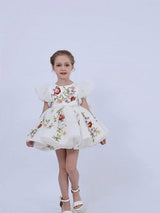 White Embroidered Puff Sleeve Dress