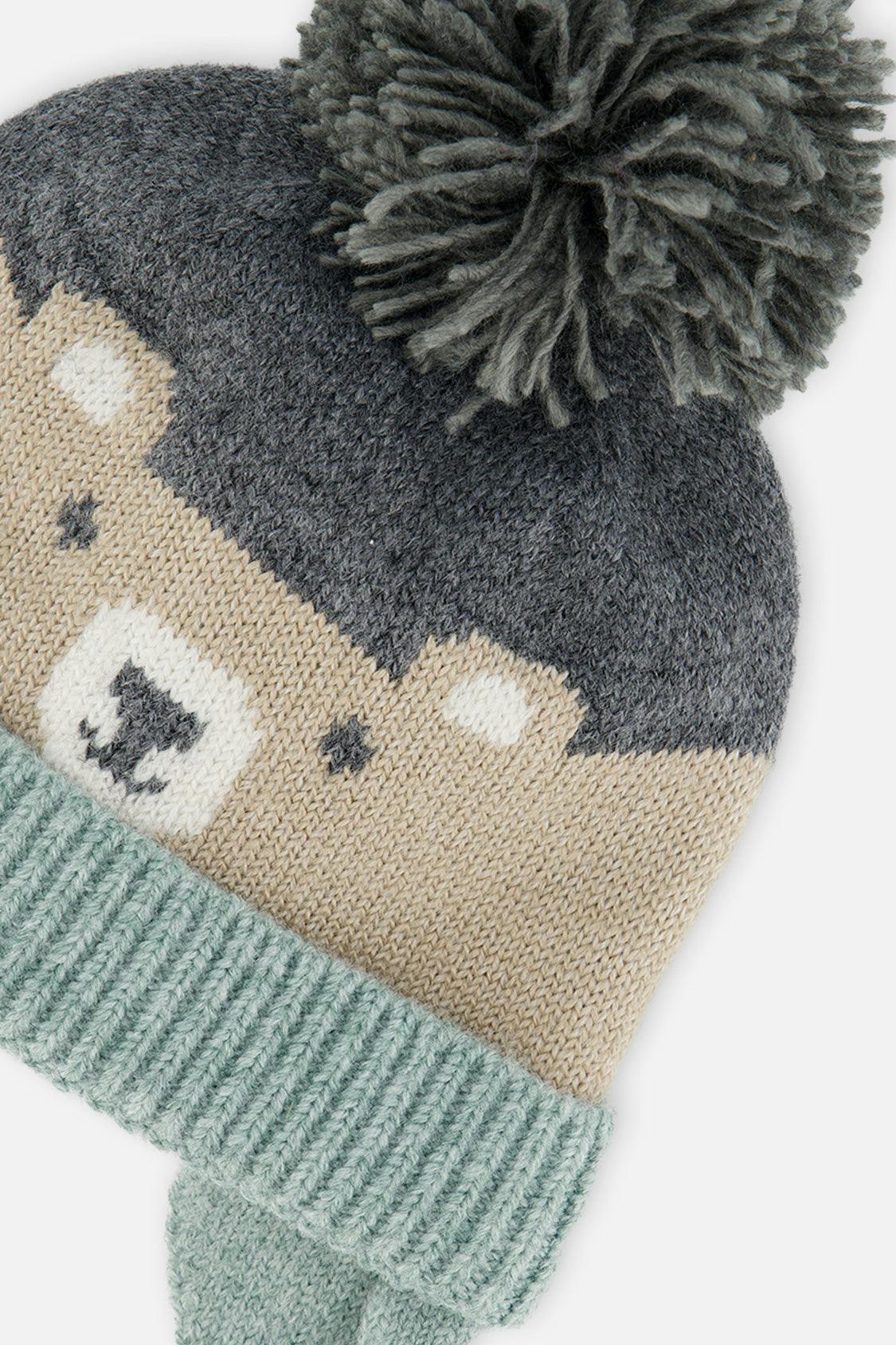 Winter Knit Hat With Teddy Bear Face And Ears Beige And Turquoise