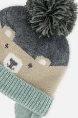 Baby Winter Knit Hat With Teddy Bear Face And Ears Beige And Turquoise
