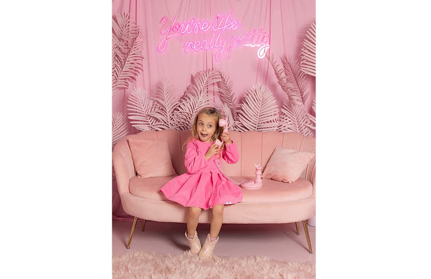 Long Sleeve Ruffle Dress in Pink Corduroy