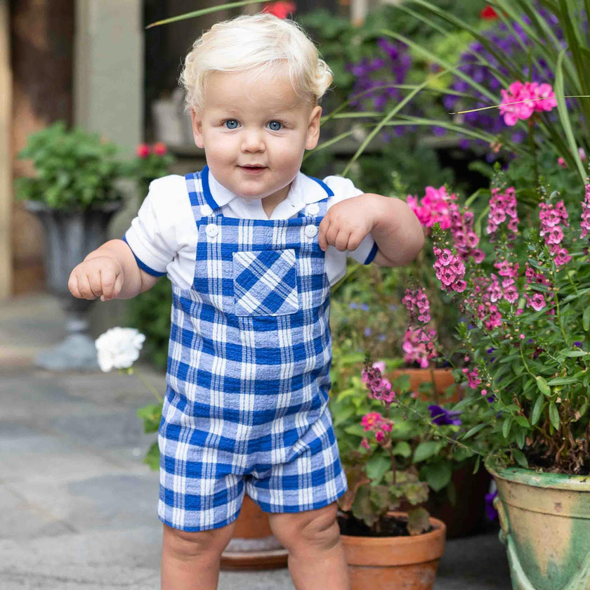 Plaid Seersucker Shortall With Front Pocket