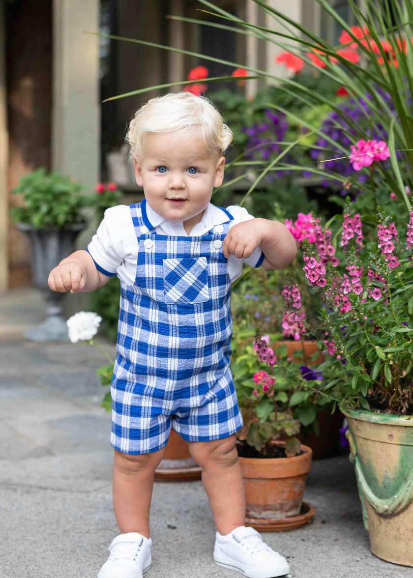 Plaid Seersucker Shortall With Front Pocket