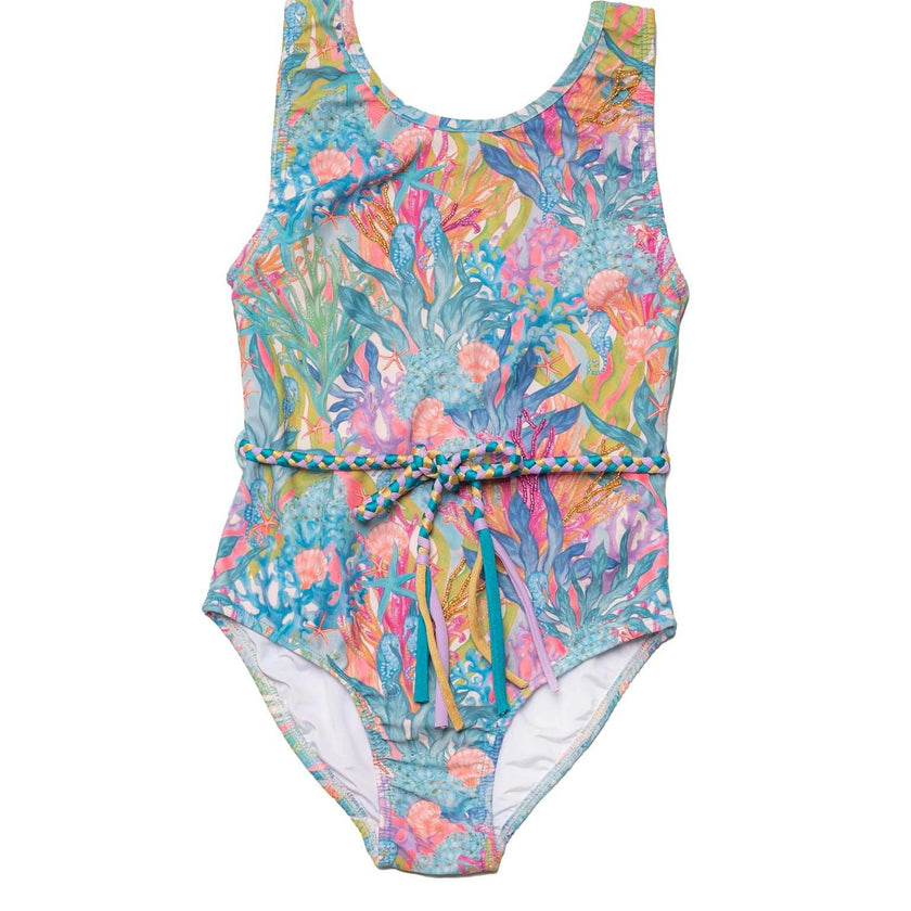 Hand Beaded One Piece Swimsuit with Belt