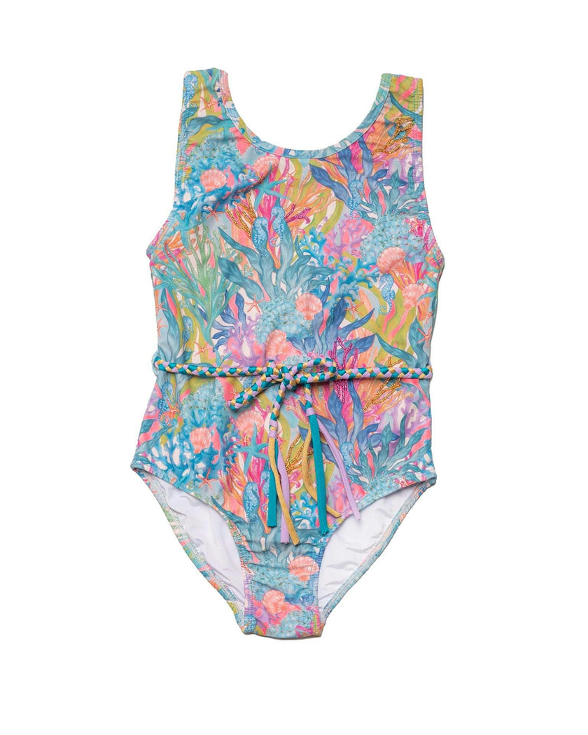 Hand Beaded One Piece Swimsuit with Belt