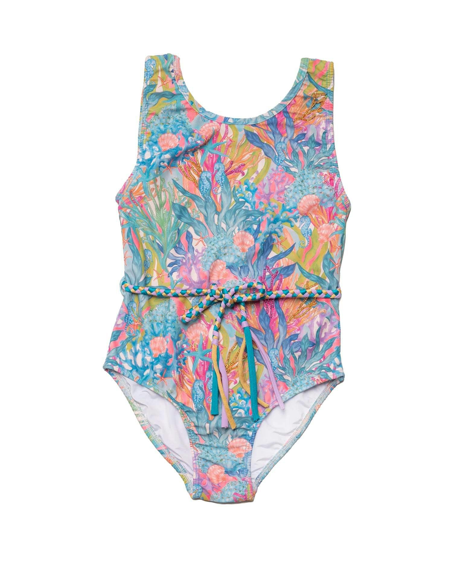 Hand Beaded One Piece Swimsuit with Belt