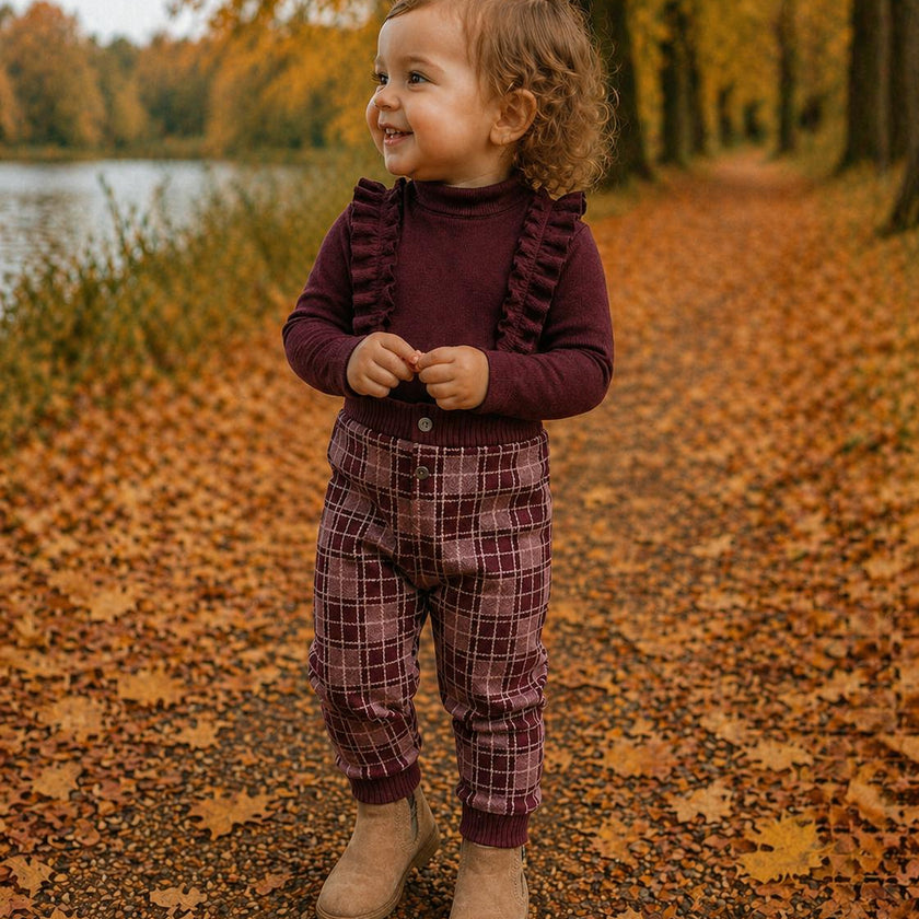 Ruffle Plaid Cross Ruffle Strap Ribbed Waist & Cuff Pant Overalls