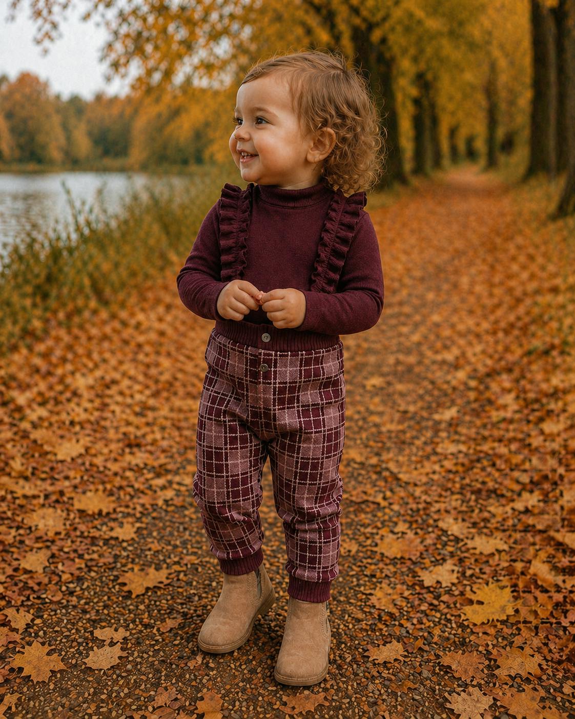 Ruffle Plaid Cross Ruffle Strap Ribbed Waist & Cuff Pant Overalls