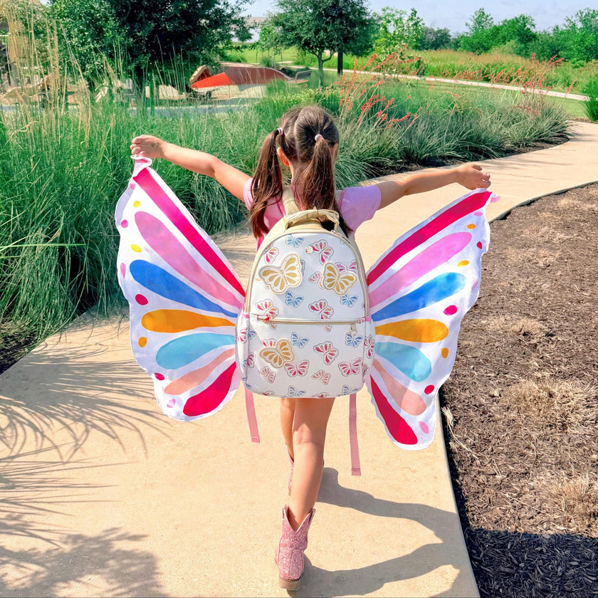 White and Gold Butterfly Backpack with Tuckaway Wings