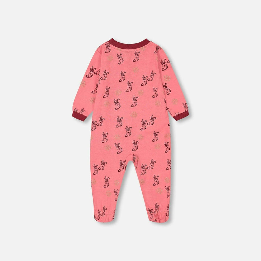 Organic Cotton One Piece Pajama Pink Christmas Stocking Print
